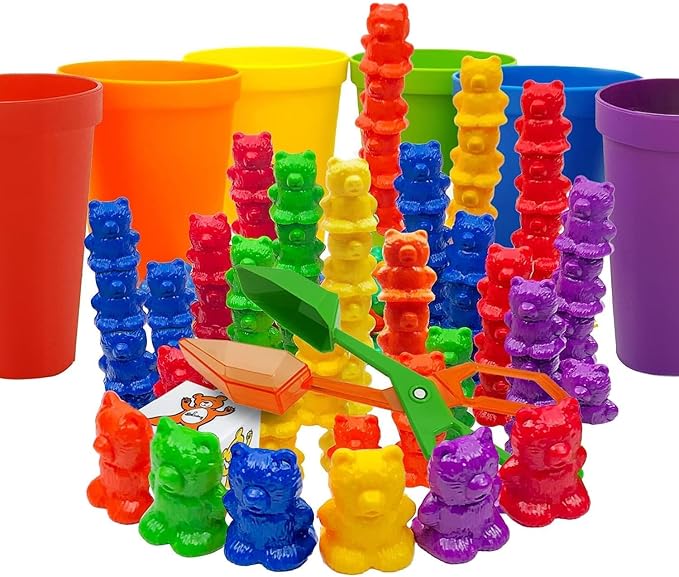 Rainbow Stacking Bears & Sorting Cups, 69 Pc Set, Storage Bag | 60 Bear counters, Scissor Tongs, Rainbow Cups, Storage Bag, Sorting dice Game, Educational, Sensory