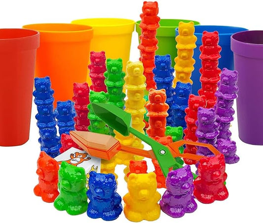 Rainbow Stacking Bears & Sorting Cups, 69 Pc Set, Storage Bag | 60 Bear counters, Scissor Tongs, Rainbow Cups, Storage Bag, Sorting dice Game, Educational, Sensory