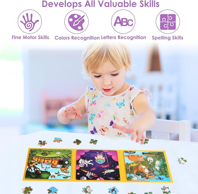 Magnetic Jigsaw Puzzles for Kids Ages 4-6, 36-Piece Preschooler Travel Toys Animals and Space Puzzles Ages 3-5, Educational Learning Magnets, Ideal Road Trip Activities Toys for 3 4 5 6 Boys and Girls