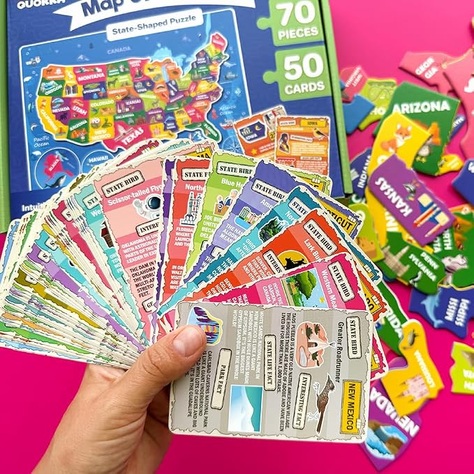 United States Puzzles for Kids Ages 8-10 - Jigsaw Kids Puzzles Ages 6-8 | 70 Pcs Jigsaw Floor USA Map Puzzle - 50 Cards with 400+ USA Facts - US State and Capitals Educational Gift for Children 4-8