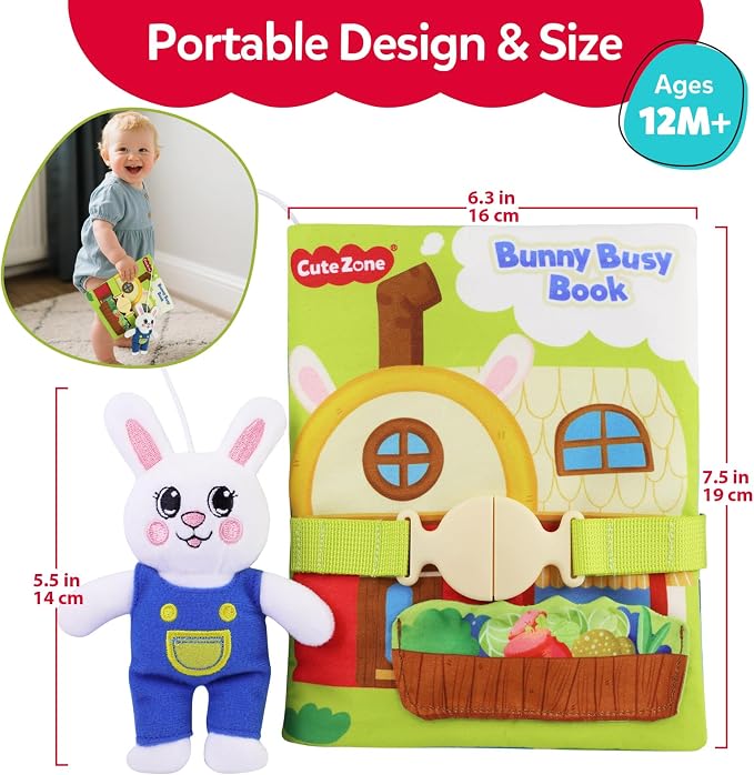 Busy Book for Toddlers 1-3, Toddler Travel Toy and Montessori Quiet Book with Attached Bunny, 12 Fine Motor Activities Gifts for 1 Year Old Boys Girls Birthday Gift