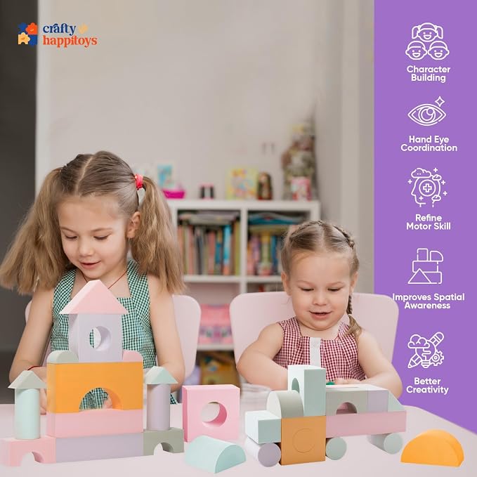 34 Large Foam Blocks for Toddlers - Pastel Stacking Soft Blocks for Kids | 34 jumbo soft EVA foam blocks in pastel colors - stack, build and float in the bath. Storage bag included. Non-toxic, ages 3+