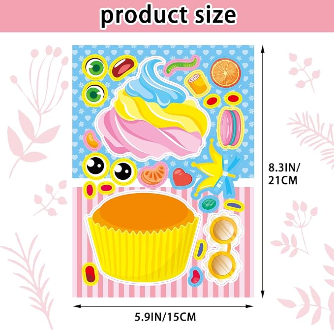 24 Sheets Make a Face Cupcake Stickers for Kids Party Favors | Make Your Own Dessert Stickers Birthday Decorations Supplies, Toddlers Crafts Activities Gifts Goodie Bags Stuffers