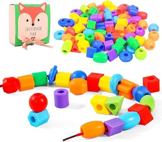 KUTOI Plastic Lacing Beads for Kids with Fun Shapes, Long String, and Brilliant Colors, Educational Occupational Therapy Toys-Fine Motor Toys，Montessori Toy for 3 Year Old and Above（70 pcs）