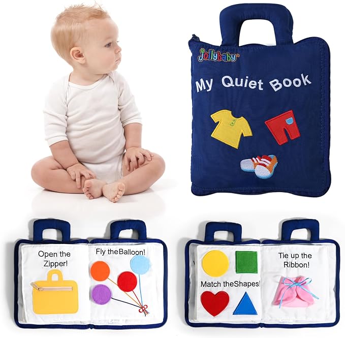 Jollybaby 10 Page Baby Soft Busy Books -My Quiet Book, Travel Toy & Montessori Sensory Educational, Preschool Learning Activities Toy for 1 2 3 Year Old Toddlers Boy Girl(Blue)
