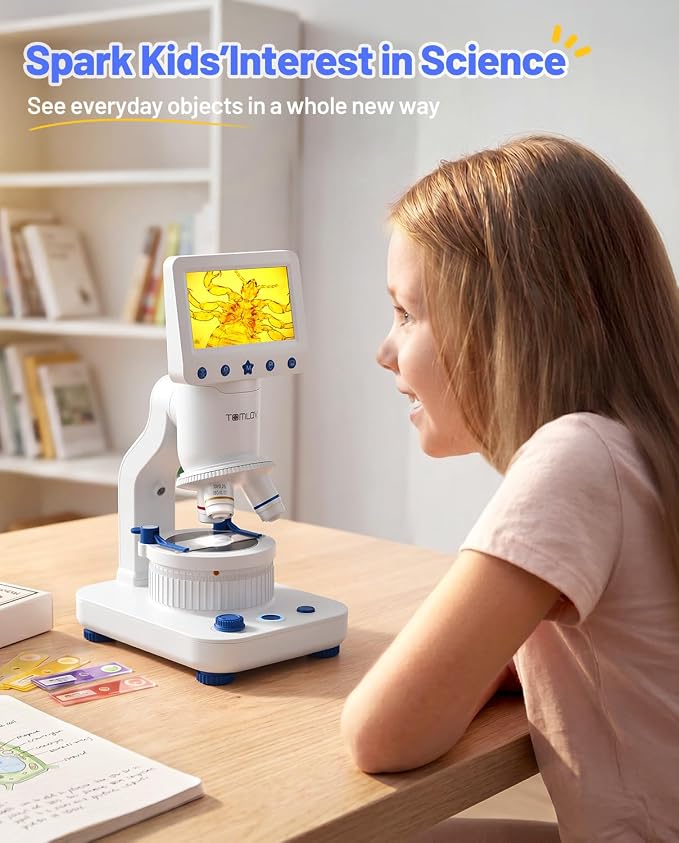 TOMLOV DM302K Microscope for Kids, 800X Science Kit, 4.3" Screen STEM Toy | 12 Prepared Slides, Easy Focus, Beginner-Friendly, Wireless Phone Sharing, USB PC Disply, Photo & Video, Dual LEDs, Ages 6-12