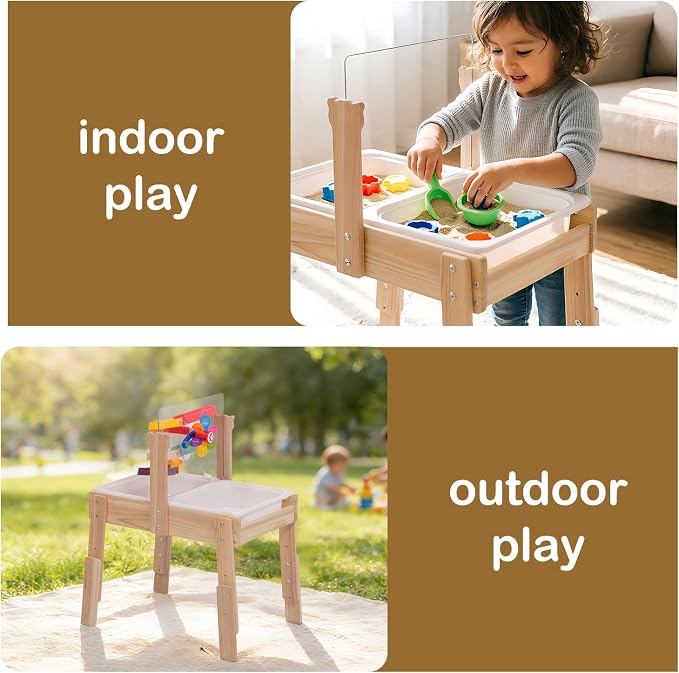 PHOKID Wooden Sensory Play Activity Table,Sand and Water Table for Toddlers,2 Sensory Bins, Acrylic Board & Water Track Toys,Montessori Kids Tables Learning Toy for Age 3+,Orignal Wood Color