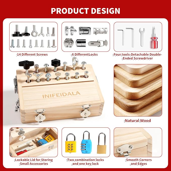 INIFEIDALA Montessori Busy Board Toys for 3 4 5 6 Year Olds | Screwdriver Board Set-Lock and Key Toy,Fine Motor Skills,Wooden Kid Tool Set,Birthday Gift for Boys & Girls,Quiet Travel Toy