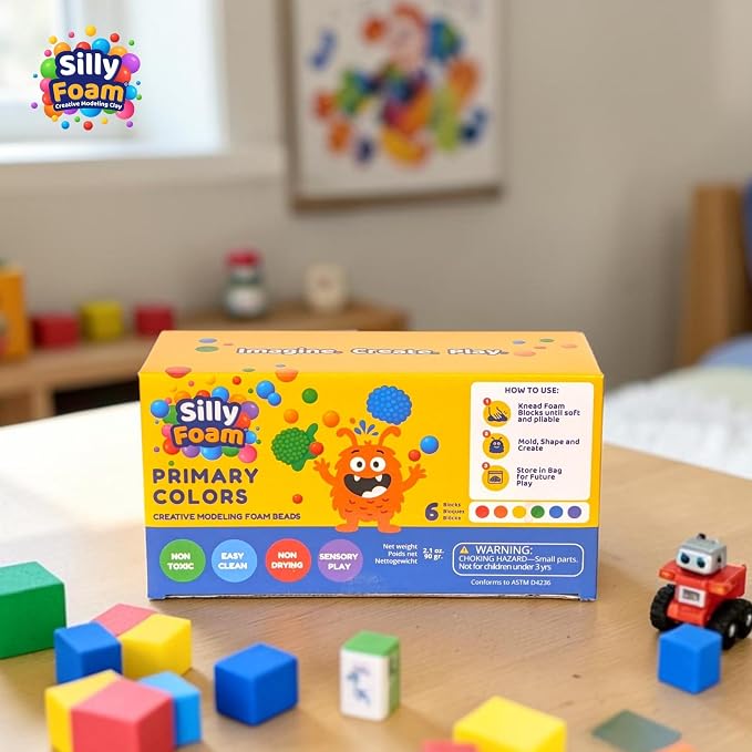 Silly Foam, Creative Modeling Foam Beads, 2-Pack of 6 Primary Colors, Easy Clean Up, Perfect for Preschool and Kids, Arts & Crafts, Sensory Play, STEM, Travel Toy, Holiday Gifts, Non-Toxic (Age 3+)