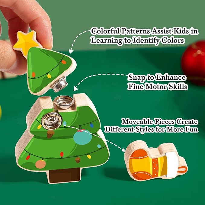 HUZU Wooden Snap Together Button Building Blocks for Kids 3-8, Easter and Animals 3D Puzzle Toys, Montessori Educational STEM Fine Motor Skills Learning Toys (Christmas Friends)