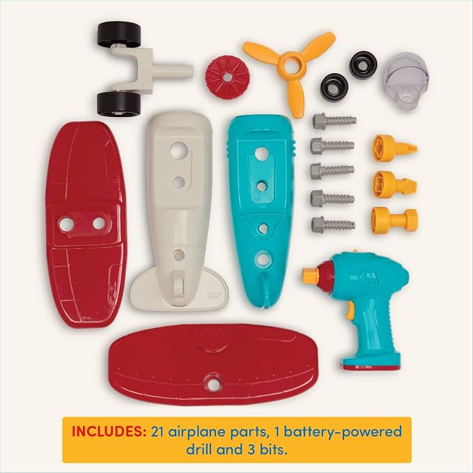 Battat Airplane Construction Toy with Toy Drill, Plane, Vehicles, Take | 25-piece airplane playset with 21 parts, battery-powered drill, 3 bits, build-and-play pretend flights, Vehicles, 3+ Years