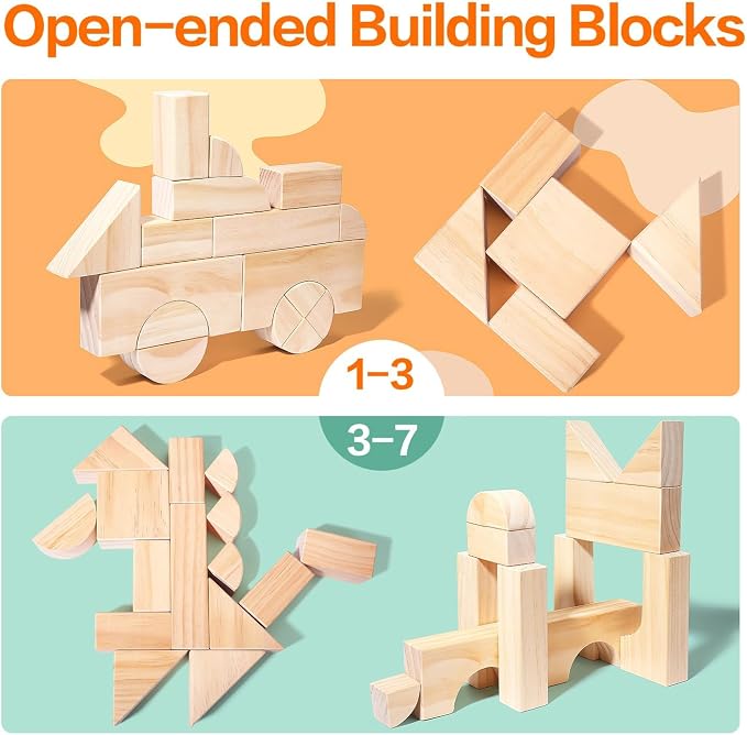 Large Wood Building Blocks with Wooden Storage Tray, 64-Piece Hardwood Sorting & Stacking Toys for Building & Balancing, Educational Preschool Learning Toys for 3+ Year Old Boy and Girl Gifts