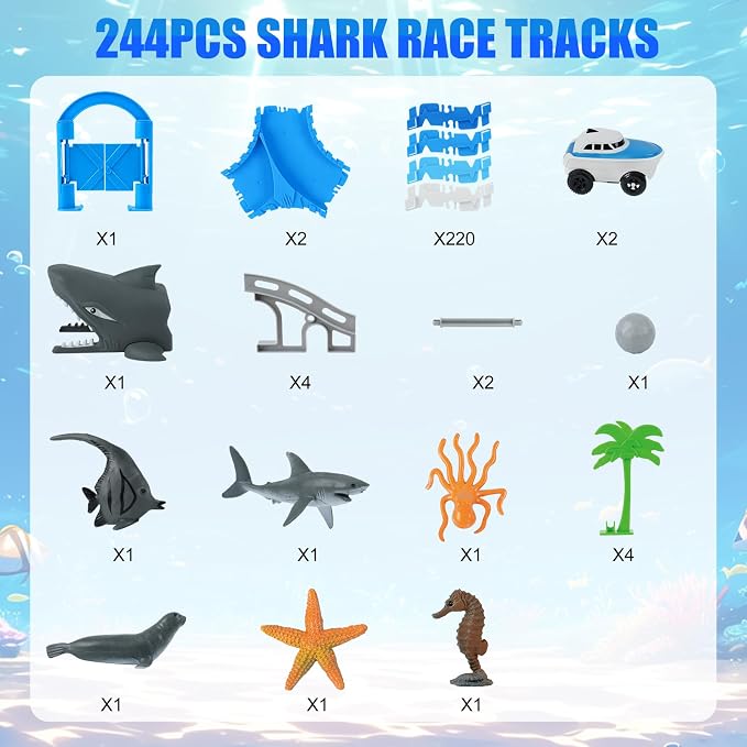 Ocean Theme Flexible Race Car Tracks for Kids, Birthday Gift for Boys Age 3 4 5 6 7 Years Old, 240+ PCS Buildable Car Track Playset with Shark Tunnel and Sea Creature Accessories