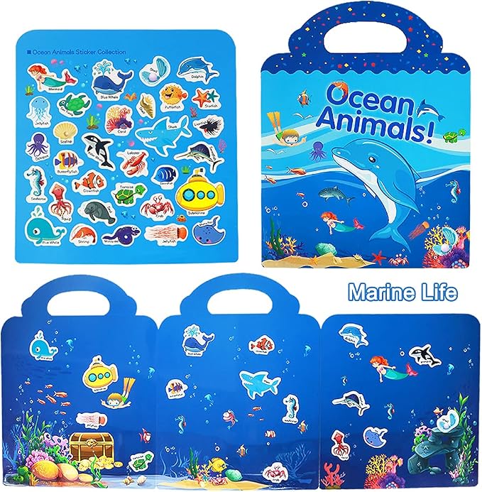 Reusable Sticker Books for Kids, 3 Sets Travel Removable Toddler Sticker Books for 3 4 5 Year Old Girls Boys Birthday Gifts Educational Learning Toys for Age 3-6 - Ocean & Zoo Animal, Farm