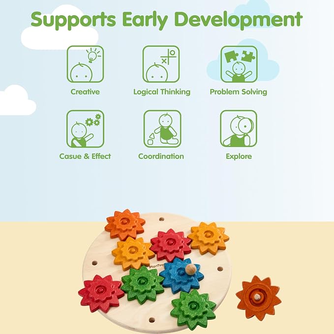 PlanToys® Wooden Spinning Gears Playset Montessori Construction Kids STEM | rotating gears, cause and effect toys, montessori toys, girls, boys, mechanical logical problem solving learning gift set