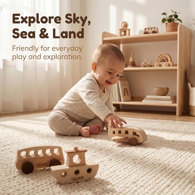 Wooden Baby Toys - Montessori Toys for 1 Year Old, 3-Piece Set with Bus, Airplane & Wooden Toy Cars - Teething Safe, Minimalist Nursery Decor, Toddler Gift for Boys & Girls