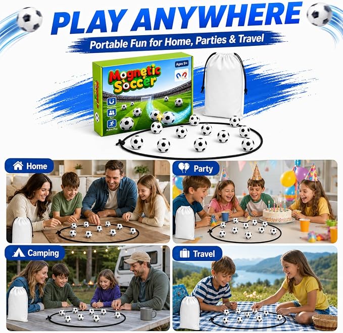 Soccer Magnetic Game with String, 20 Football-Shaped Stones, Strategy Puzzle Board Game for Kids and Adults, 2 Player Tabletop Game for Family Game Night, Travel, Camping, Parties