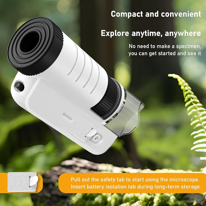 Grampus 60x-200x LED Pocket Microscope Portable Handheld STEM Toy for Kids Adults, Mini Microscope for Student Science Lab for Educational Microbiological Observation Outdoor Exploration