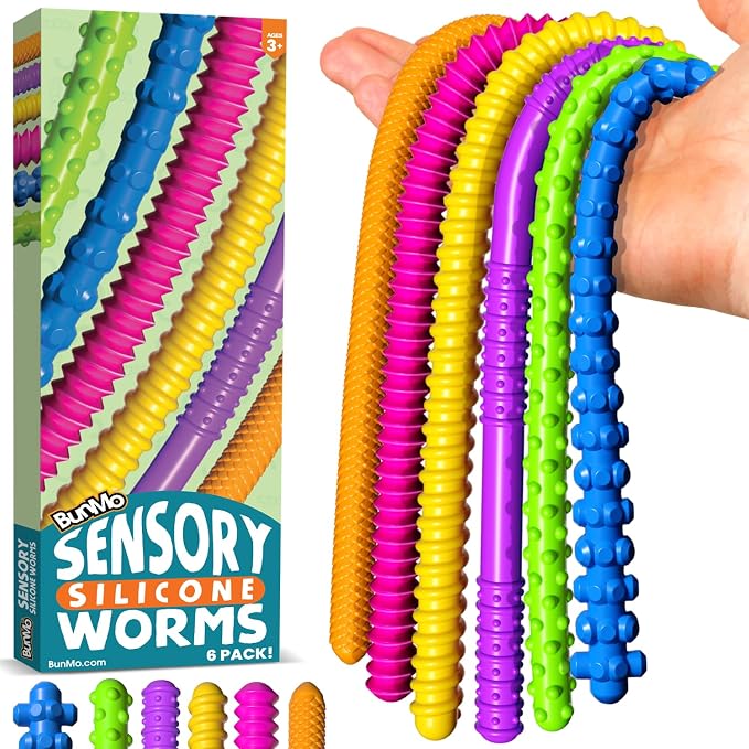 BUNMO Silicone Sensory Toys – 6 Pack Fidget Worms Toy Set | Stretchy Noodles for Kids | Bright, Textured, Fun Stretchy String Noodles Fidget Toy for Tactile Play | Sensory Toys for Kids 5-7