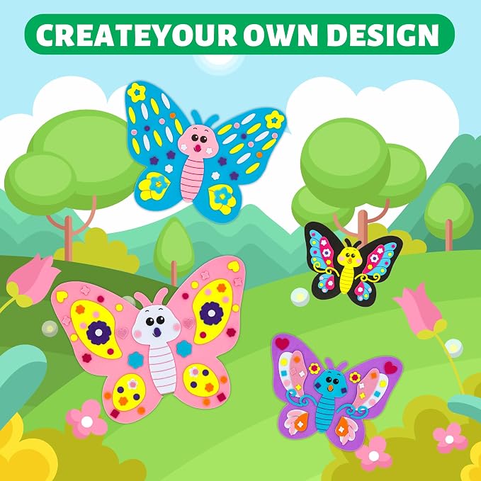 VKPI 4 Butterflies Foam Art Crafts Gift Kit, Creative Make Your Own Butterflies, Cartoon Paper Craft Projects for Kids Ages 4+ Toddler, Preschool Learning Toy for Birthday Party Favor Supplies