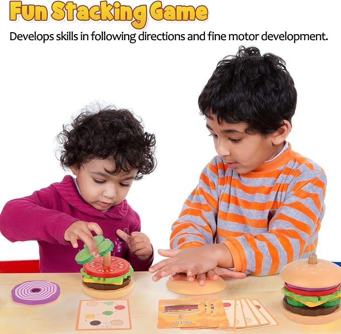Aizweb Montessori Toys for 3 Year Old - Wooden Burger Stacking Toys for Toddlers and Kids Preschool, Educational Toys, Fine Motor Skill Toy, Blocks for Toddlers, Learning Toys