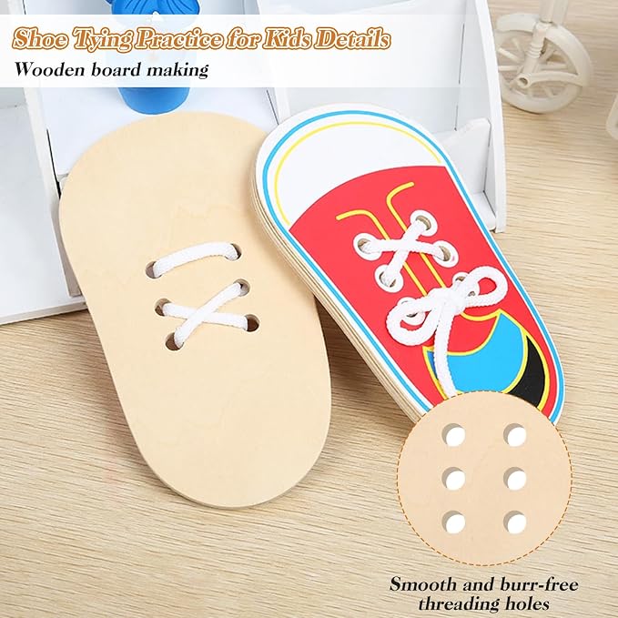 Wooden Red Shoe Tying Practice for Kids, How to Tie Your Shoes for Kids Threading Lacing Shoes Training, Learn to Tie Your Shoes Developmental Toys