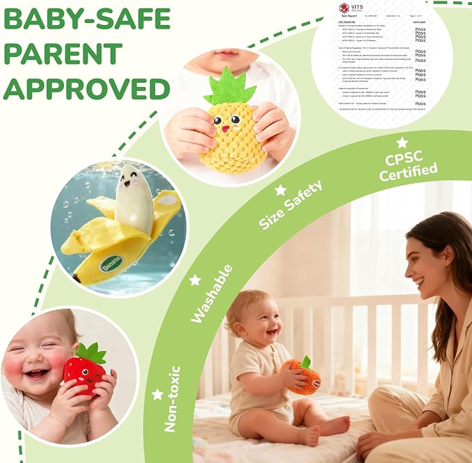 Baby Color Sorting Sensory Toys - Fruit Vegetable Play Food 1 Year Old Toys | Plush Pretend Play Toy for Toddlers 1-3, Montessori Toys Baby 6-12 Months Boy Girl Birthday Gifts, Peelable, Crinkle & Rattle