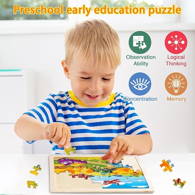 Wooden Puzzles for Toddlers 3-5,6 in 1 Jigsaw Wooden Solar System Puzzles for Ages 4-6,Preschool Educational Brain Toys Gifts for Boys and Girls 2 4 3 5 Year Old（Vehicle）