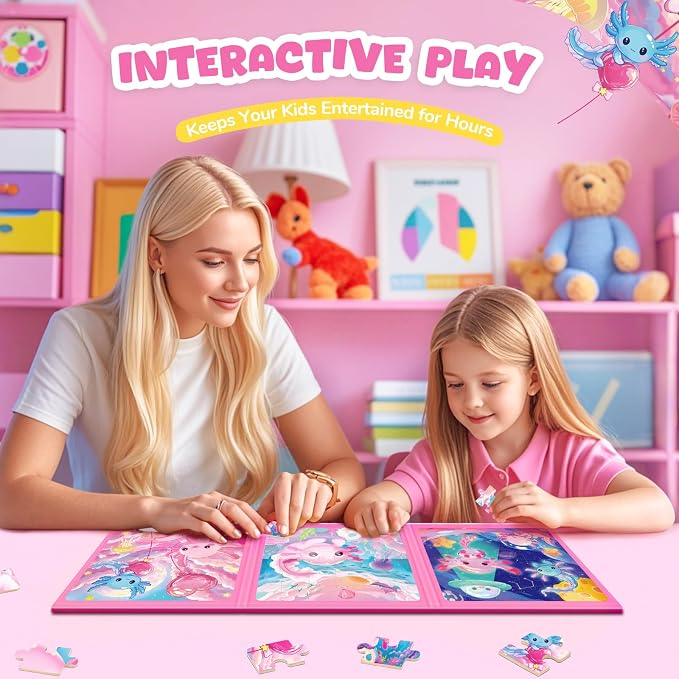 Homicozy Magnetic Puzzles for Toddler Kids 3-8, Axolotl Travel Toys | 36-Pieces Magnetic Puzzles for Girls Ages 3-5 4-6, Car Airplane Road Trip Activities, Quiet Screen-Free Game, Birthday Gifts
