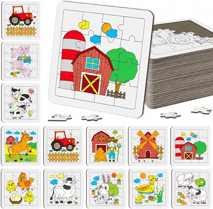 Cinrobiye 24 Pcs Farm Animal Coloring Jigsaw Craft Kit for Kids, DIY Barnyard Activity Set Bulk with 12 Designs, Tractor Birthday Party Favors, Classroom Art Projects