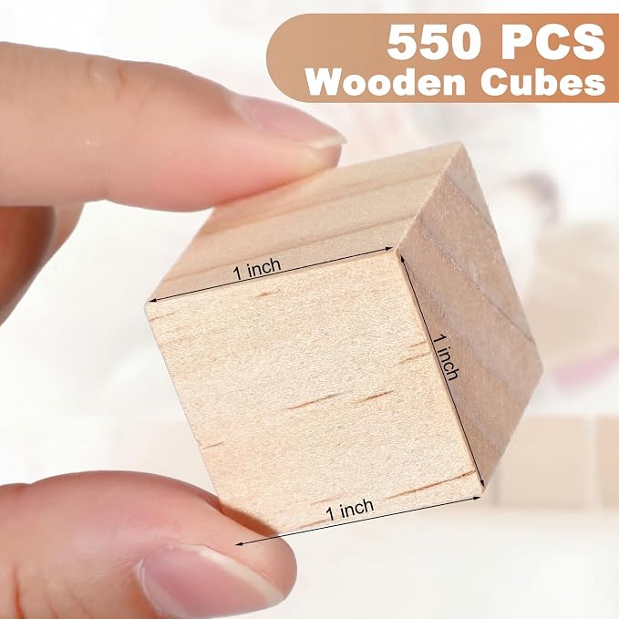 Barydat 550 Pcs 1 in Wooden Cubes, Unfinished Wooden Blocks for Crafting Natural Craft Wood Square Blank Cube for DIY Project Baby Showers