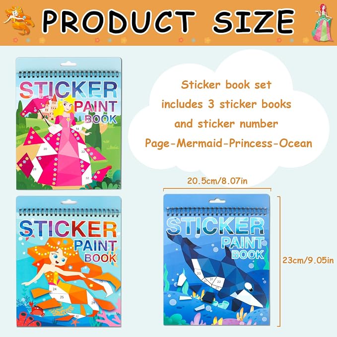 3PCS Sticker Paint Number Books for Girls Ages 4-8 Mermaid Princess Ocean Stickers Kids Birthday Party Favors Toys Gift for 5 6 7 8 10 12 Year Old Girls Boys Travel Activities Gifts