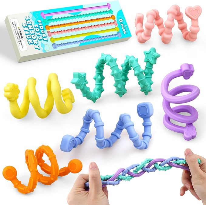 6 Pack Sensory Sticks Fidget Toys for Kids Adults, Anxiety Relief | Silicone Textured, Calming Sensory Toys, Kids With Autism, Classroom & Travel, Stocking Stuffers for Teen Girls Boys Kids