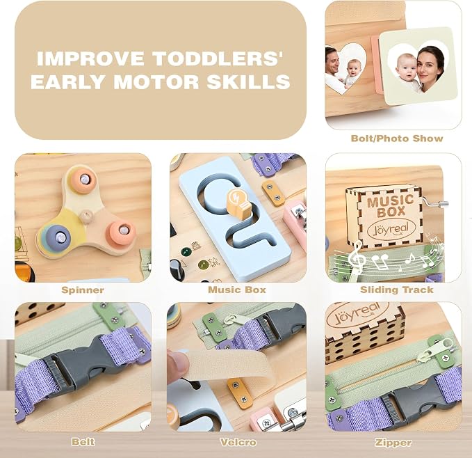 Joyreal Wooden Busy Board Montessori Toys for Toddlers, Sensory Activity Board with LED Lights, Music Box & Locks, Educational Learning Toy Gifts for Boys and Girls
