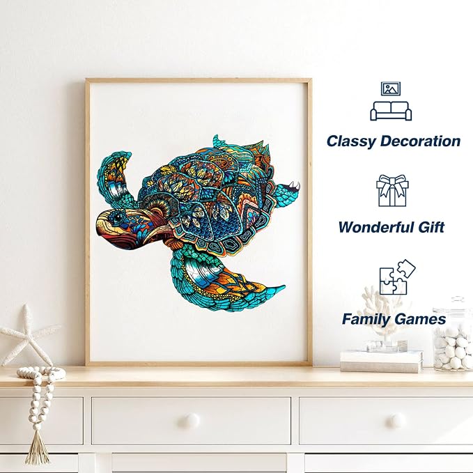 Jigfoxy Wooden Puzzles for Adults, Sea Turtle Wooden Jigsaw Puzzles for Adults Kids, Unique Animal Shape Wood Cut Puzzles, Christmas Thanksgiving Gifts for Family Turtle Lover (S-9.1 * 7.7in-100pcs)