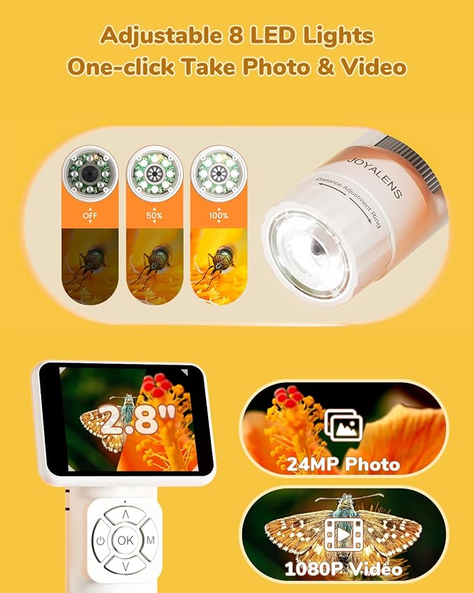 JL113 Digital Microscope Handheld with 2.8" Screen, 1080P Video | Anti-Shake, Portable Coin Magnifier Camera, USB Output, 900mAh battery, 8 LED Lights, PC View, 32GB, for Kids Adults