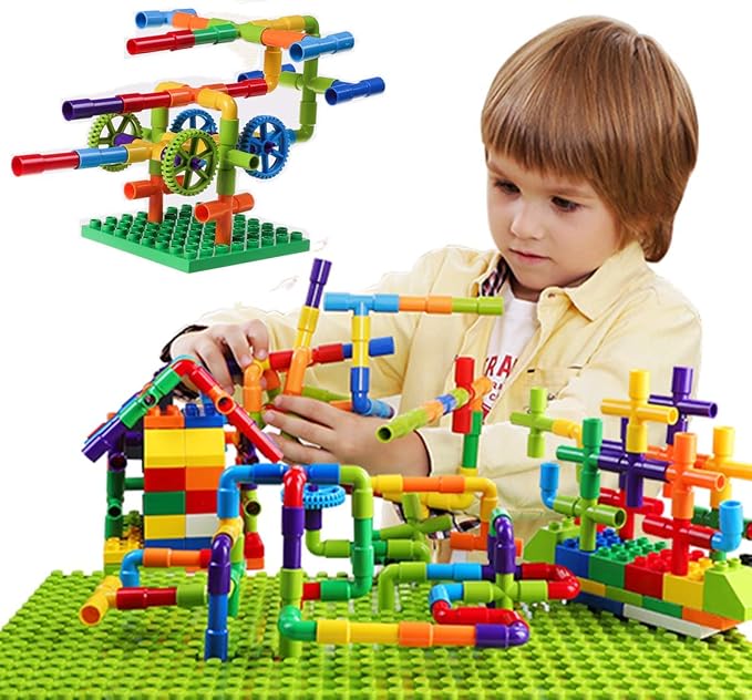 burgkidz 426 Pieces Toy Pipe, Creative STEM Tube Locks Construction with Wheels and Mini Baseplate, Interlocking Educational Sensory Kit, Preschool Learning Toys for Boy and Girls Ages 3+ | 426 pcs: cars, planes, houses & more. 396 tubes, 24 wheels, 6 ...