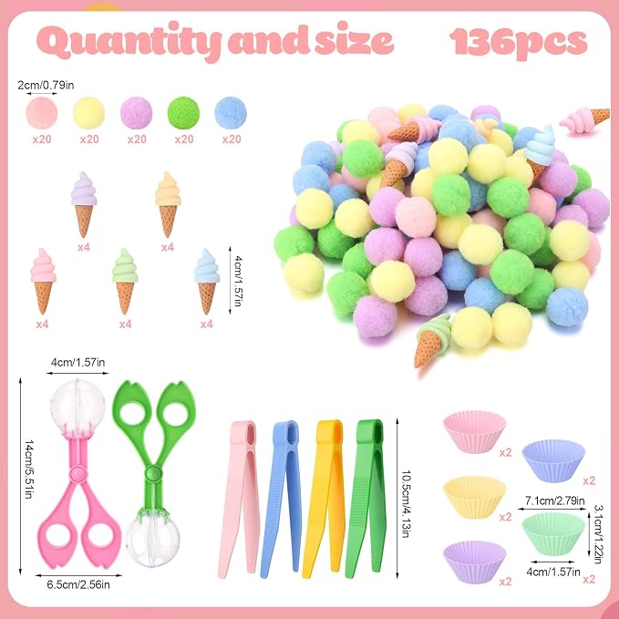 136 Pcs Ice Cream Sensory Bin Filler Counting Sorting Fine Motor Toys | 100Pcs Pom Pom 20Pcs Mini Ice Cream 10Pcs Sorting Cups 4Pcs Tweezers 2Pcs Scissors Clips for Preschool Early Education