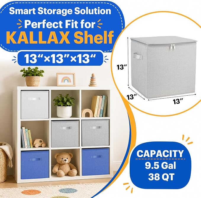 SAM AND MABEL Toy Storage Organizer with Play Mat – 13" x 13" x 13" Stackable and Collapsible Cubby Box Organizers for Kids Playroom, Nursery Storage Bins for Boys and Girls (Warm Grayish Beige)