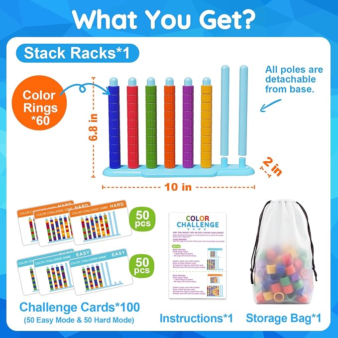 LLESSOO 1 Pack Color Challenge Game – Solo Play Color Matching Puzzle Game, Fun Board Game for Kids 6-8-12, Adults, Party & Family Game Night, Stacking Game with 1 Stack Rack, 100 Cards, 60 Rings