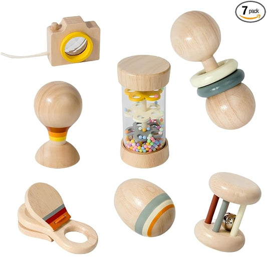 7 Pcs Wooden Baby Toys Set, Organic Rattles & Montessori Musical Toys