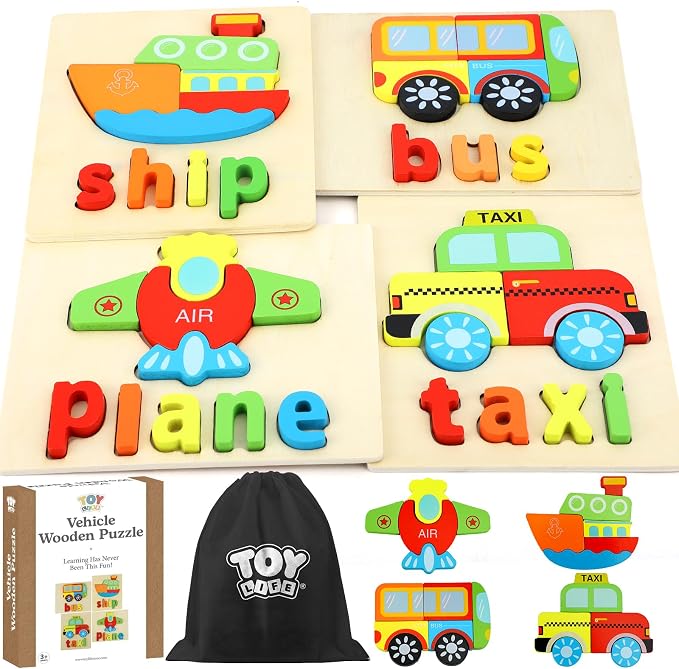 TOY Life Toddler Puzzles Ages 2-4, 4 Vehicles with Spelling Wooden Puzzles for Toddlers 3-5, Montessori Toys Gifts for 1 2 3 Years Old Boys Girls, Christmas Birthday Gifts Learning Toys for Kids
