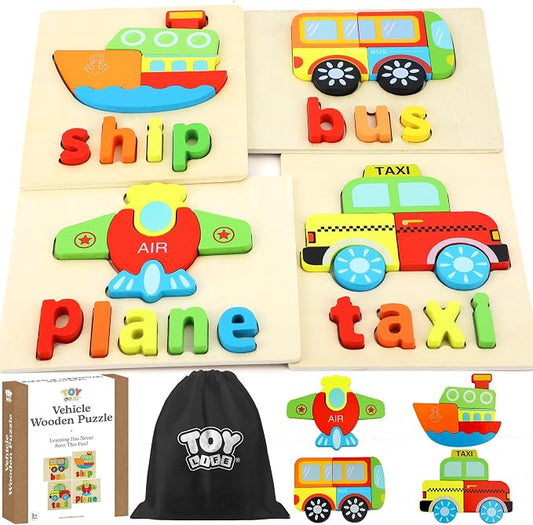 TOY Life Toddler Puzzles Ages 2-4, 4 Vehicles with Spelling Wooden Puzzles for Toddlers 3-5, Montessori Toys Gifts for 1 2 3 Years Old Boys Girls, Christmas Birthday Gifts Learning Toys for Kids