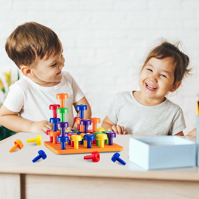 Shappy Toddler Peg Boards Montessori Stacking Toys,Orange | 120 Pcs Pegs with 4 Foam Boards & Storage Bag Kids Fine Motor Skills Educational Toy for Home Preschool
