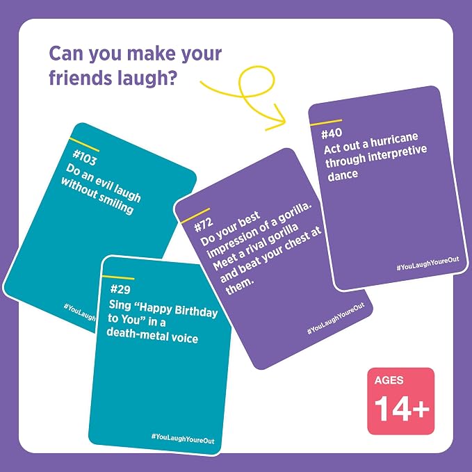 You Laugh You're Out | Charades Party Card Game for Adults & Teens Ages 14+ | 125 Prompt Cards, Laugh Tokens, Sand Timer, 4+ Players, Try Not to Laugh Challenge, Teen Game, Game Night Activity