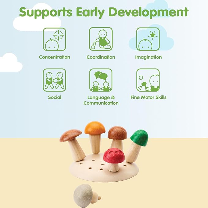 PlanToys® Wooden Play & Pick Mushrooms Toy Kids Garden Learning Playset | wooden mushroom play pick set, montessori imaginative sensory, fine motor coordination, color sorting, garden pretend, kids