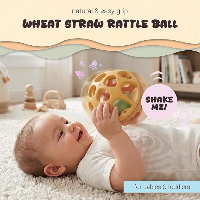 Sensory Rattle Balls, Textured Teething Sensory Toy for Babies 6-12M | BPA-Free Wheat Straw, Bright Colors, Shake-to-Rattle Sound, Cause & Effect Play, Lightweight Baby Gift, Yellow