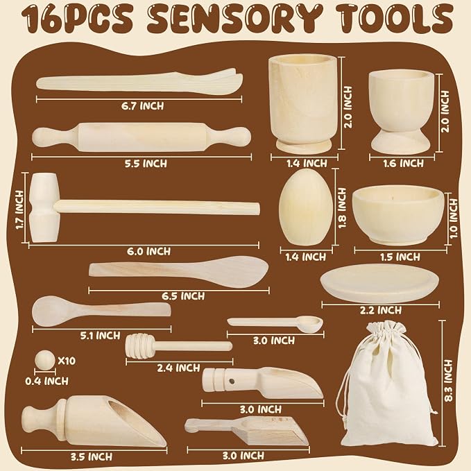 Hiawbon 25PCS Wooden Sensory Bin Tools for Toddlers Sensory Bin Filler | Wooden Pretend Play Sensory Tools Montessori Sensory Wooden Toys Fine Motor Learning Toys for Counting Sorting