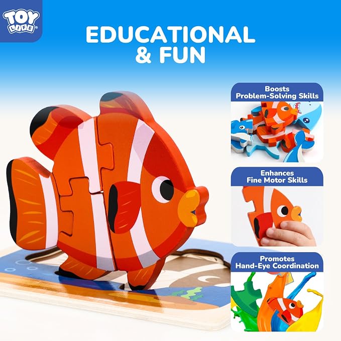 TOY Life Wooden Puzzles for Toddlers 2-4, Sea Animals Puzzles for Toddlers 1-3, Wood Puzzles Educational Montessori Toys Gifts for 1 2 3 Year Old, Baby Kids Learning Toy