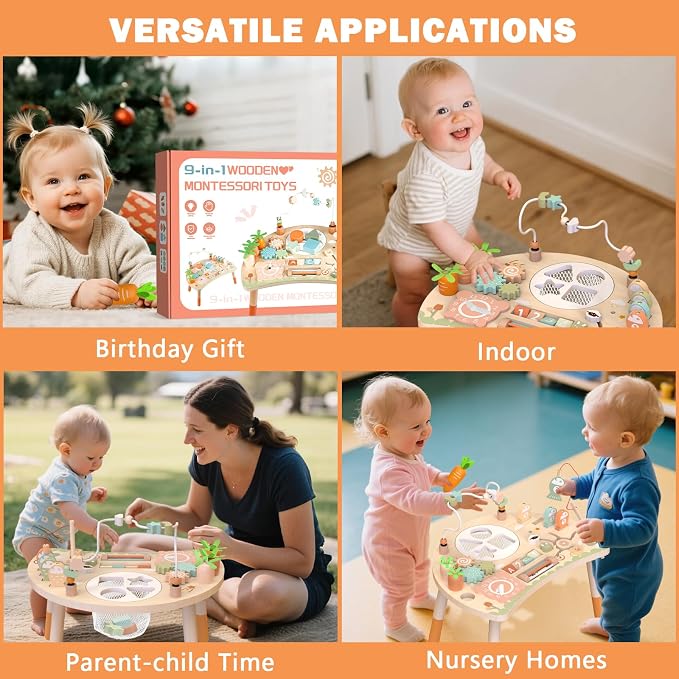 Weilim Activity Table for 18 Months+, 9-in-1 Wooden Montessori Toddler Toy | Bead Maze, Magnetic Fishing Game, Shape Sorter, Spinning Gears, Teach-Time Clock, Animal Maze, Carrot Harvest and More